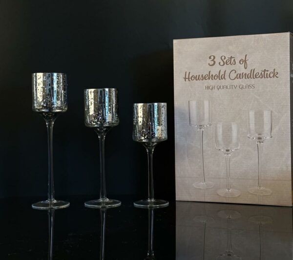 Glas Candle Set - 3pcs (7cm x 20, 23, 26cm) - silver cristall